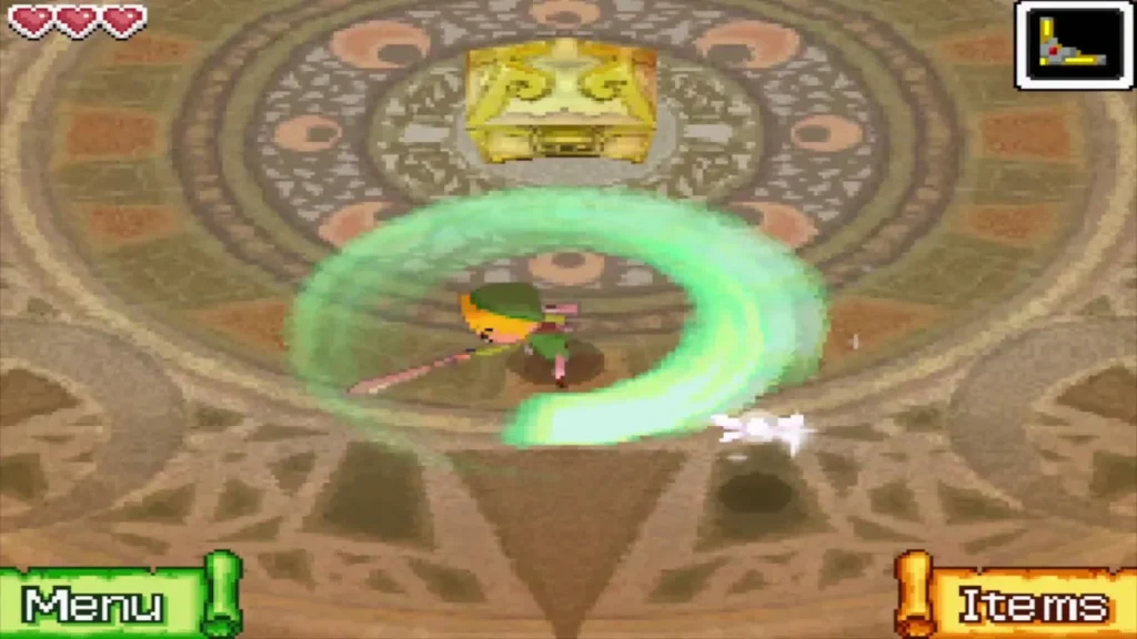 Link spinning his sword beneath the golden chest in the Temple of Fire boss room Link spinning his sword beneath the golden chest in the Temple of Fire boss room