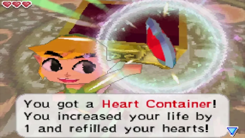 Link holds up the Heart Container in the Temple of Fire boss room Link holds up the Heart Container in the Temple of Fire boss room