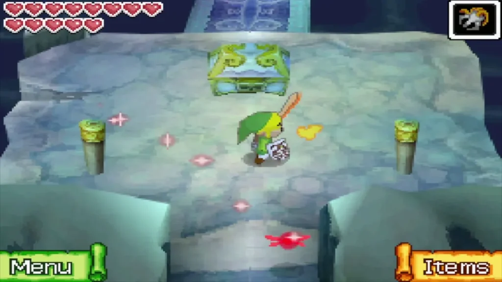 Link approaching the glowing chest in the icy pedestal room Link approaching the glowing chest in the icy pedestal room
