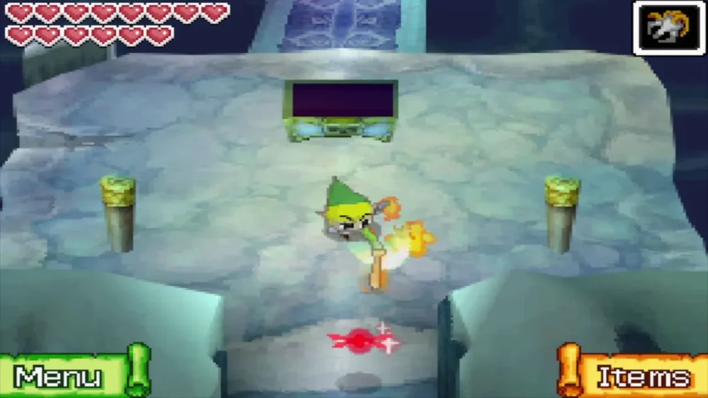 Link kicking beside the opened chest in the Temple of Ice pedestal room Link kicking beside the opened chest in the Temple of Ice pedestal room