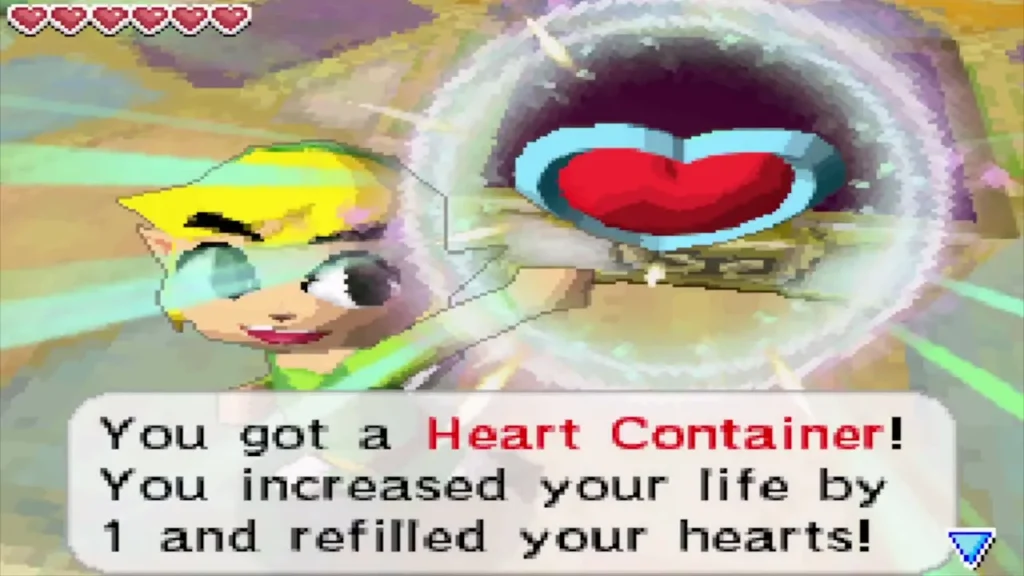 Link holds up the Heart Container on the sky platform of the Temple of Wind Link holds up the Heart Container on the sky platform of the Temple of Wind