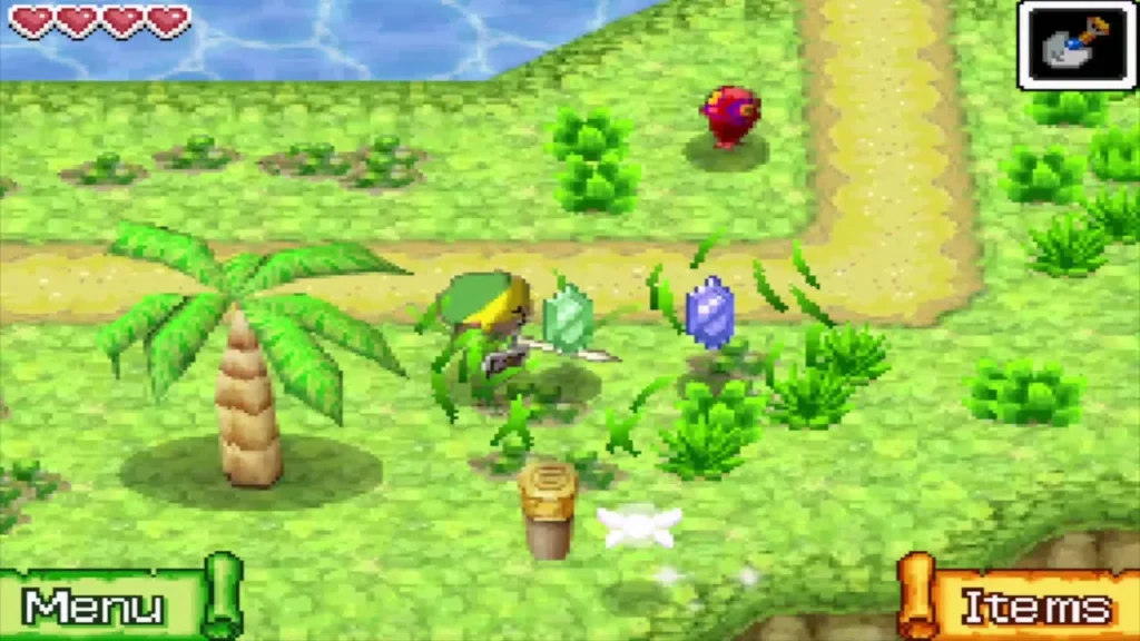 Link slashing grass on Bannan Island and uncovering rupees Link slashing grass on Bannan Island and uncovering rupees