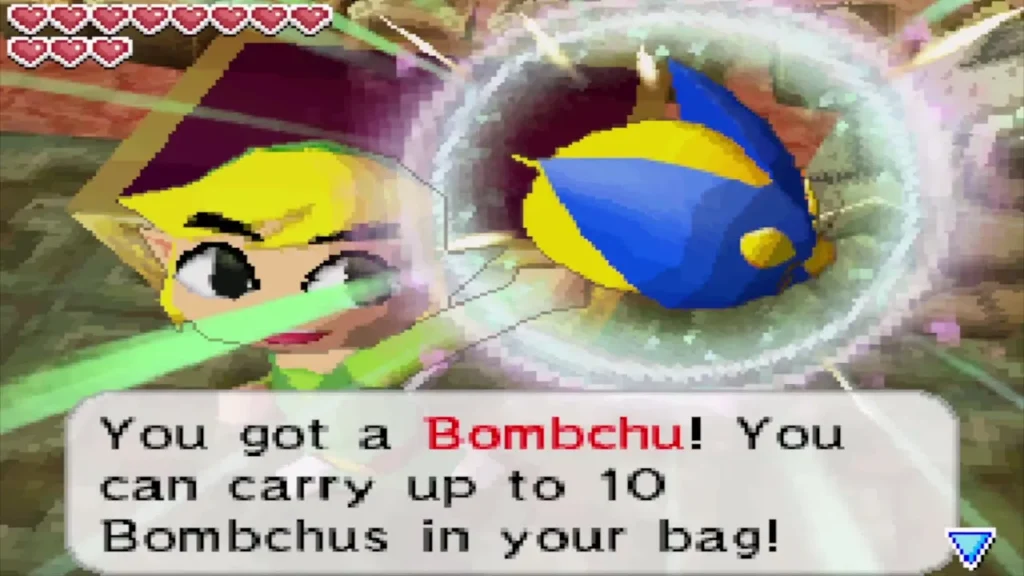 Link holding up a Bombchu received in the Goron Temple Link holding up a Bombchu received in the Goron Temple