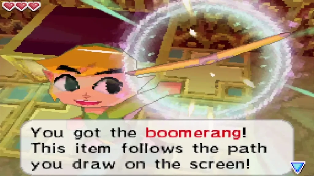 Link holds up the Boomerang won in the Temple of Fire Link holds up the Boomerang won in the Temple of Fire