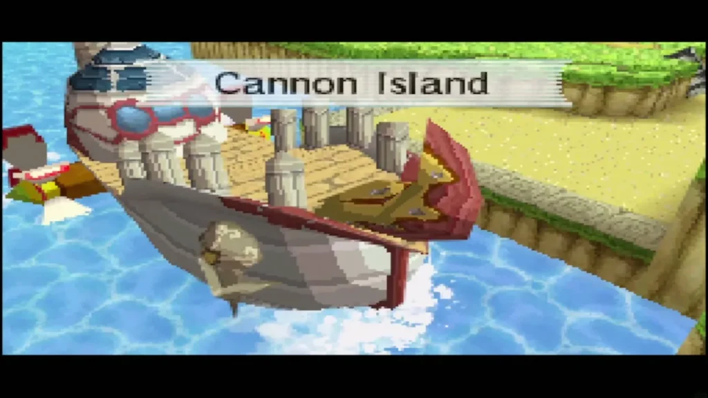 The ship pulling up to the dock at Cannon Island under its name banner The ship pulling up to the dock at Cannon Island under its name banner