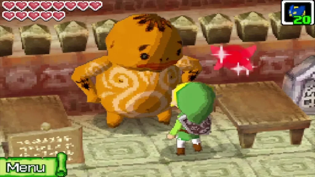 Link facing the Goron Gongoron in his hall on Dee Ess Island Link facing the Goron Gongoron in his hall on Dee Ess Island