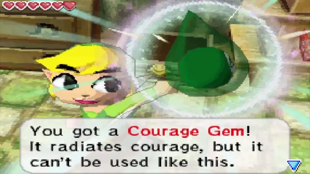Link holding up a Courage Gem found on the Isle of Gust Link holding up a Courage Gem found on the Isle of Gust