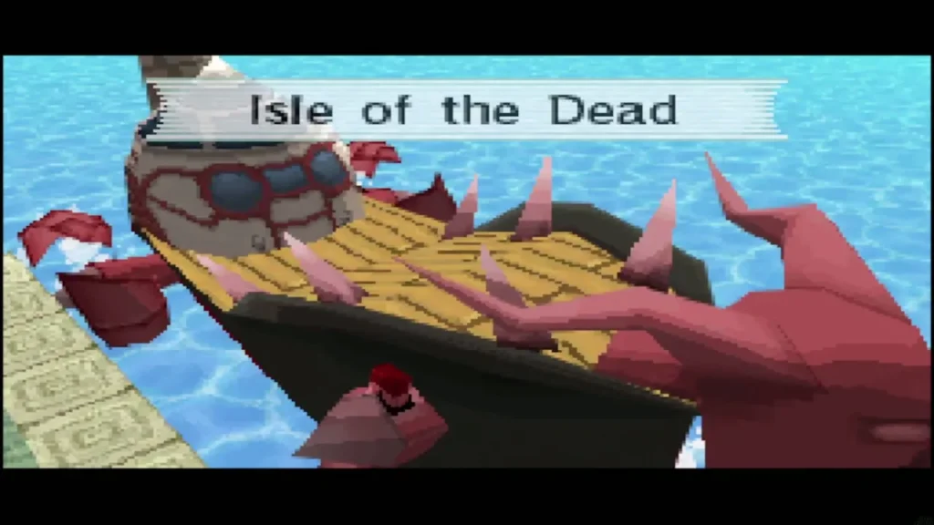 The ship docking at the Isle of the Dead under its name banner The ship docking at the Isle of the Dead under its name banner