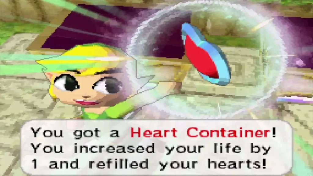 Link holding up a Heart Container won in the Treasure Maze Link holding up a Heart Container won in the Treasure Maze