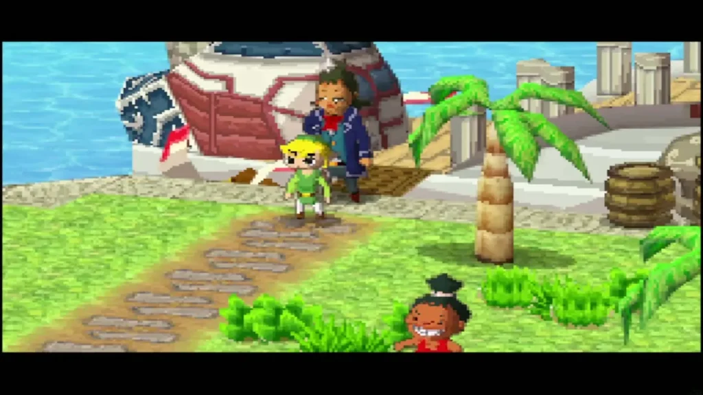 Link on the grassy shore of Molida Island near the dock with a villager and palm tree Link on the grassy shore of Molida Island near the dock with a villager and palm tree