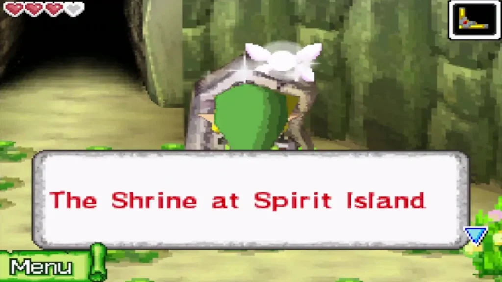 The shrine at Spirit Island with its name shown in a message box The shrine at Spirit Island with its name shown in a message box