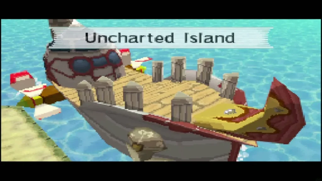 The ship arriving at Uncharted Island with its name banner The ship arriving at Uncharted Island with its name banner