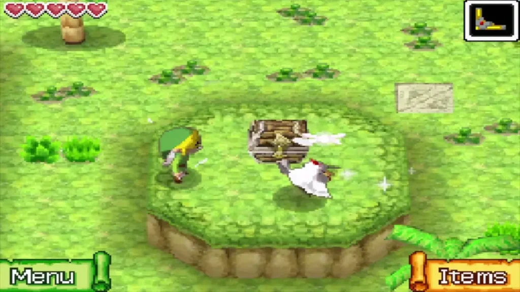Link beside the chest on a raised ledge of Zauz's Island with a Cucco Link beside the chest on a raised ledge of Zauz's Island with a Cucco