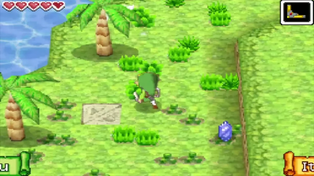 Link beside a stone tile on the grassy slope of Zauz's Island Link beside a stone tile on the grassy slope of Zauz's Island