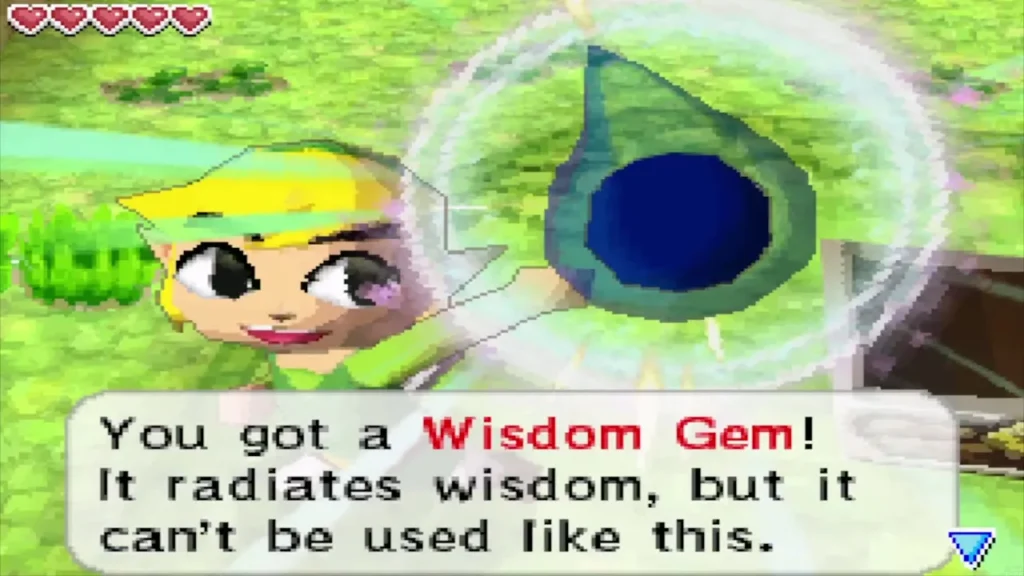 Link holding up a Wisdom Gem found on Zauz's Island Link holding up a Wisdom Gem found on Zauz's Island