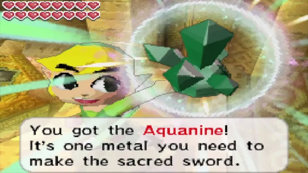 Link holding up the Aquanine pure metal with its message box Link holding up the Aquanine pure metal with its message box