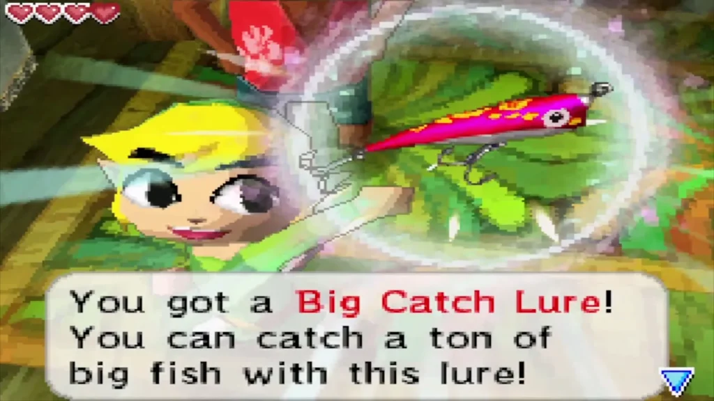 Link holding up the Big Catch Lure with its message box Link holding up the Big Catch Lure with its message box