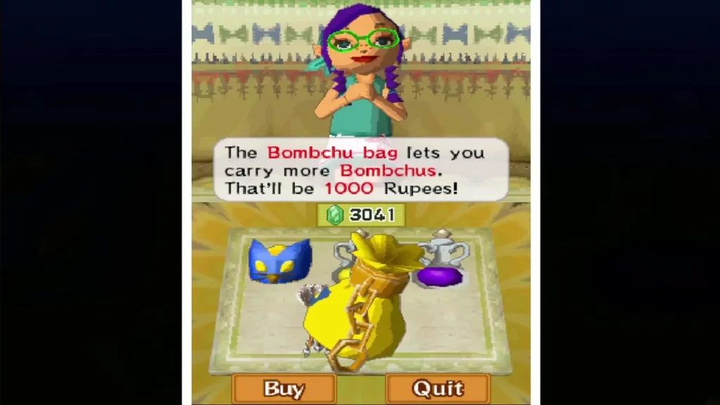 The Goron Island shopkeeper offering the Bombchu bag for 1000 Rupees The Goron Island shopkeeper offering the Bombchu bag for 1000 Rupees