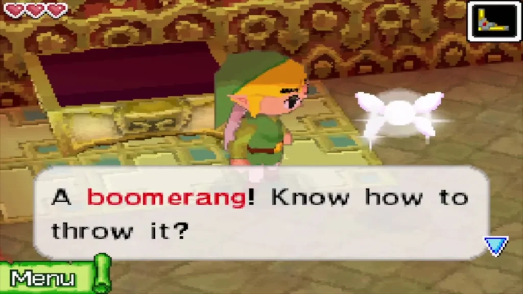 Link and Ciela beside the open chest as the boomerang message appears Link and Ciela beside the open chest as the boomerang message appears