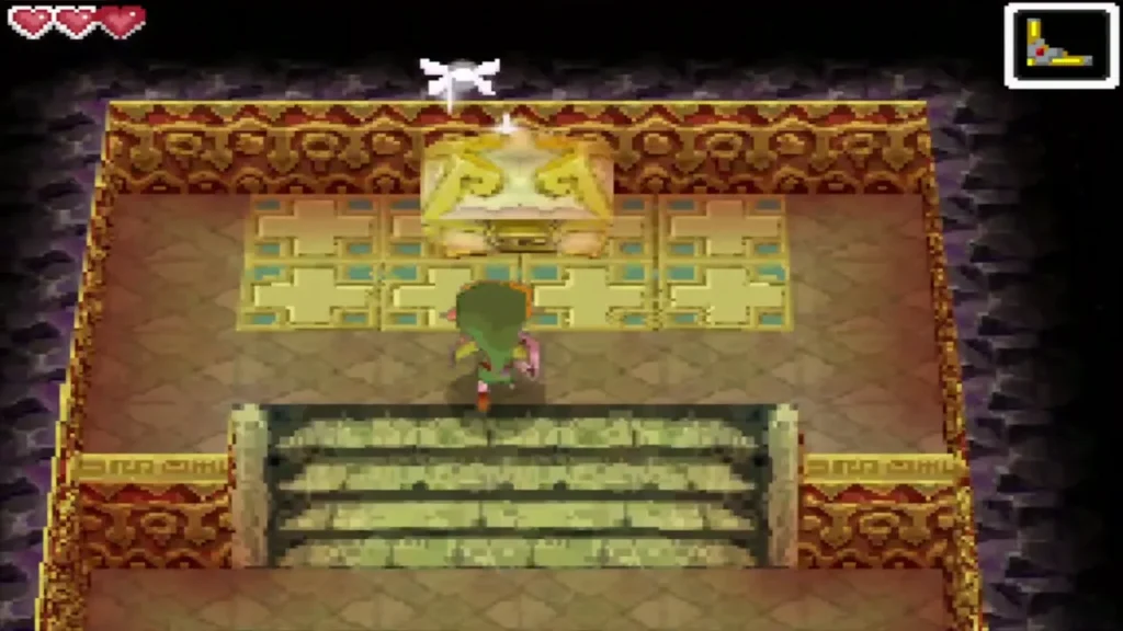 Link walking toward a golden chest in a dungeon room Link walking toward a golden chest in a dungeon room