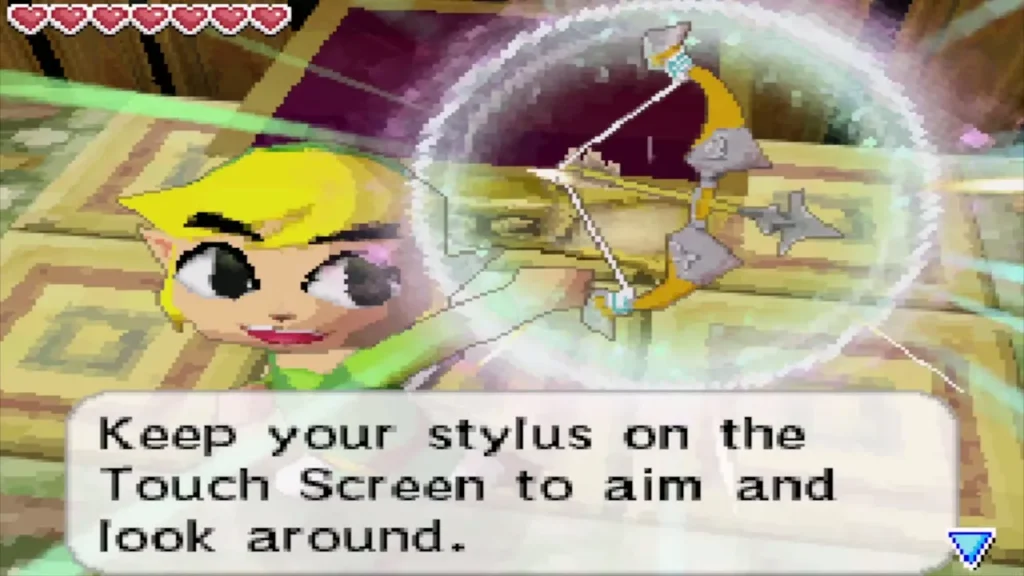 Link shows off the bow with the message about aiming using the stylus Link shows off the bow with the message about aiming using the stylus
