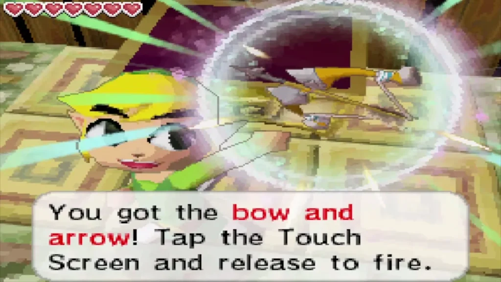 Link holds up the bow and arrow with the message about firing Link holds up the bow and arrow with the message about firing