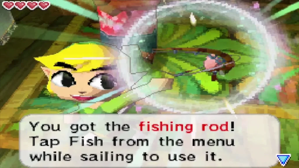 Link holding up the fishing rod with its message box Link holding up the fishing rod with its message box