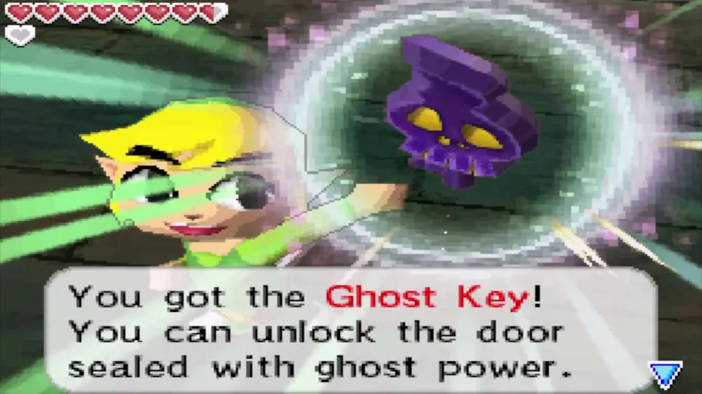 Link holding up the Ghost Key with its message box Link holding up the Ghost Key with its message box