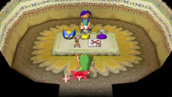 Link in the Goron Island shop facing a table with a yellow and a purple potion Link in the Goron Island shop facing a table with a yellow and a purple potion