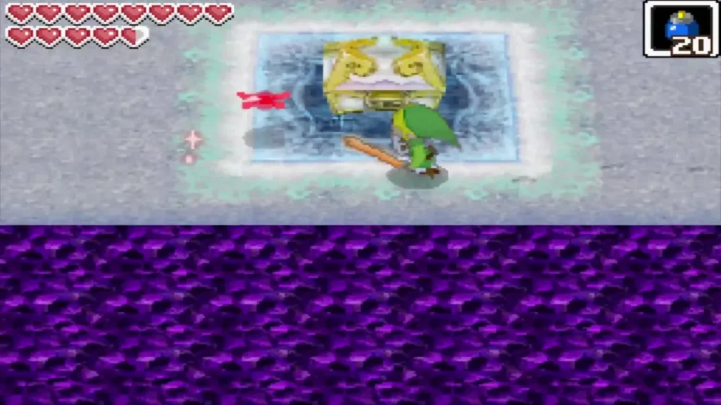 Link stands at the gilded chest on an icy platform in the Temple of Ice Link stands at the gilded chest on an icy platform in the Temple of Ice