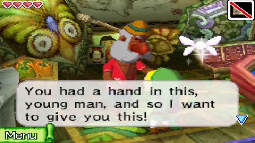 The Old Wayfarer in his hut telling Link he wants to give him a gift The Old Wayfarer in his hut telling Link he wants to give him a gift