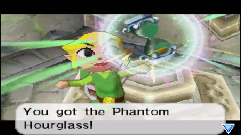 Link holding up the Phantom Hourglass with its message box Link holding up the Phantom Hourglass with its message box