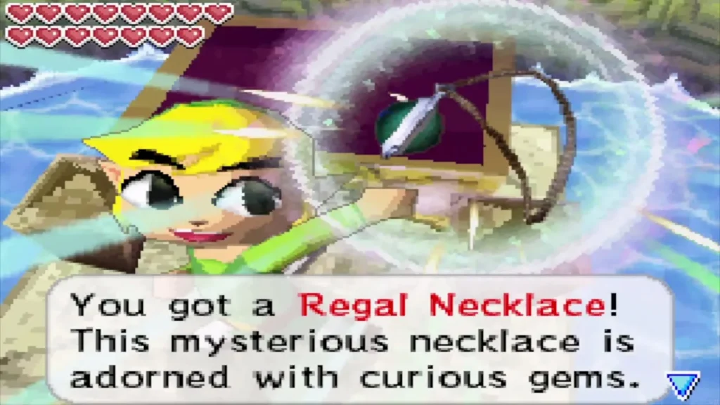 Link holding up the Regal Necklace with its message box Link holding up the Regal Necklace with its message box