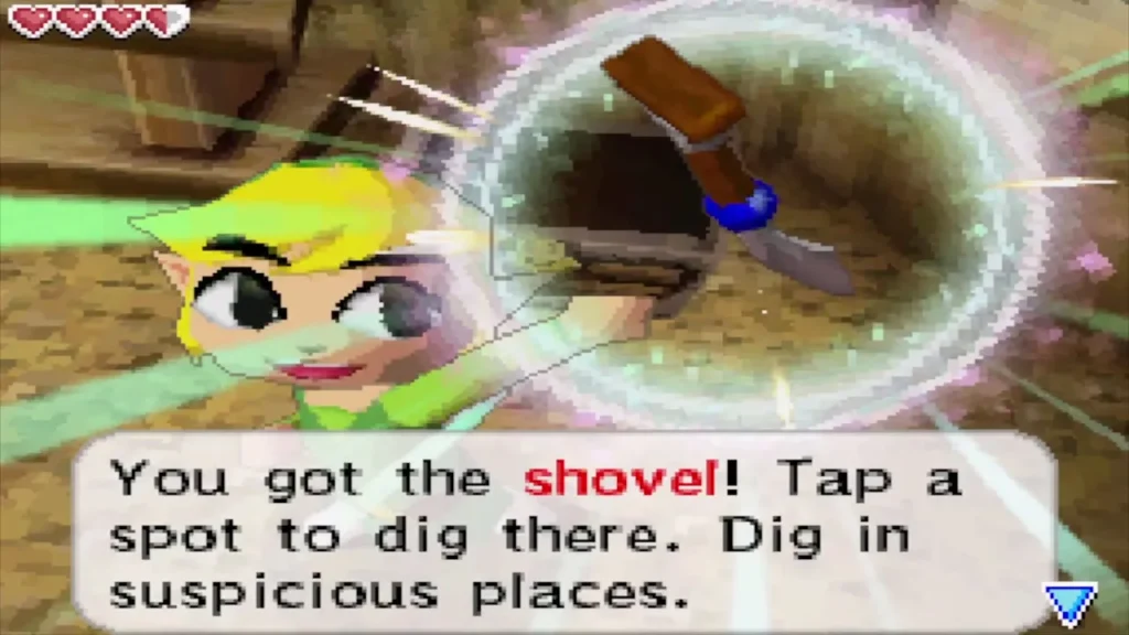 Link holds up the shovel with the message about digging in suspicious places Link holds up the shovel with the message about digging in suspicious places