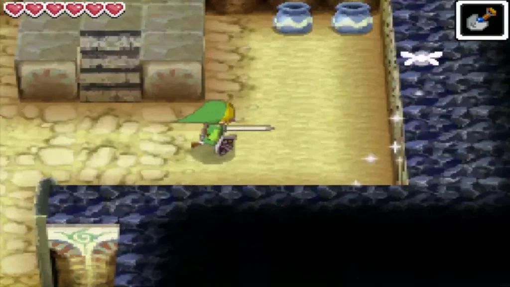 Link walking with sword drawn through a sandy room of the Temple of Wind Link walking with sword drawn through a sandy room of the Temple of Wind