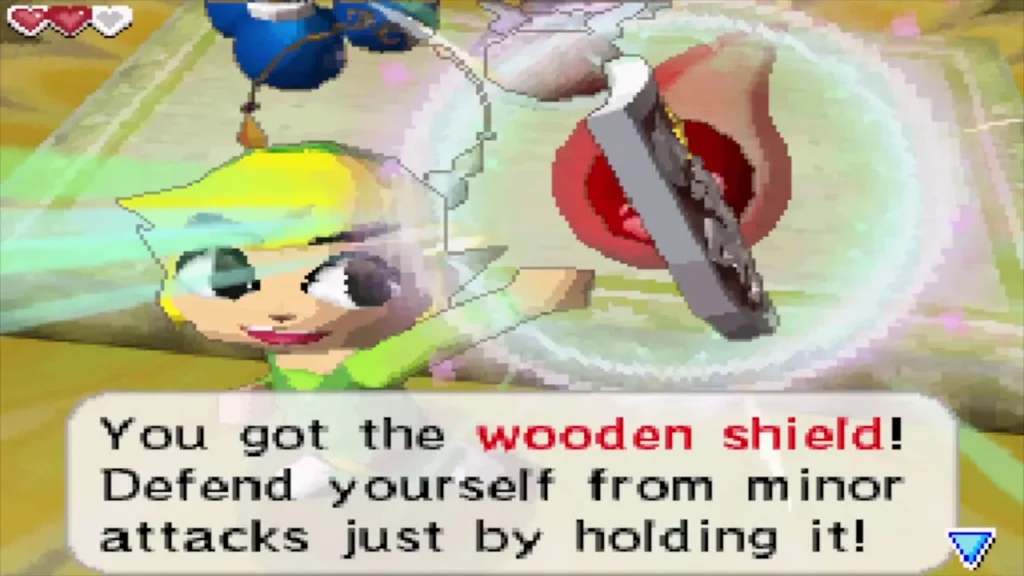 Link holds up the wooden shield with the message about defending against minor attacks Link holds up the wooden shield with the message about defending against minor attacks