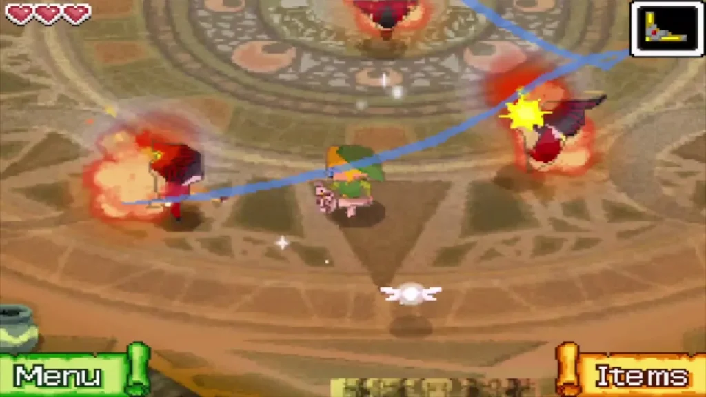 A blue line drawn across the room steers the Boomerang into two enemies