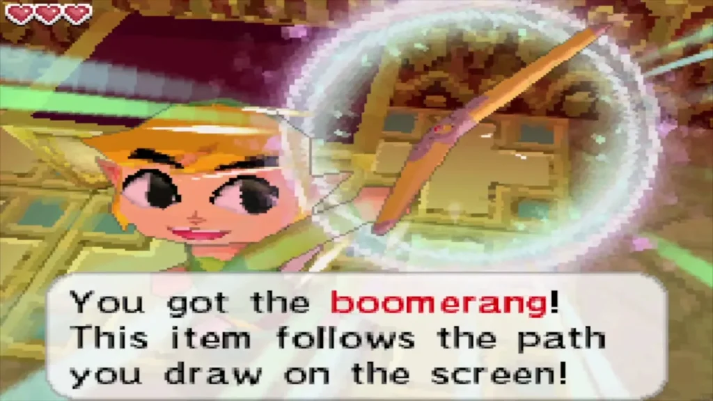 Link holding up the Boomerang as the box explains it follows the path drawn on the screen