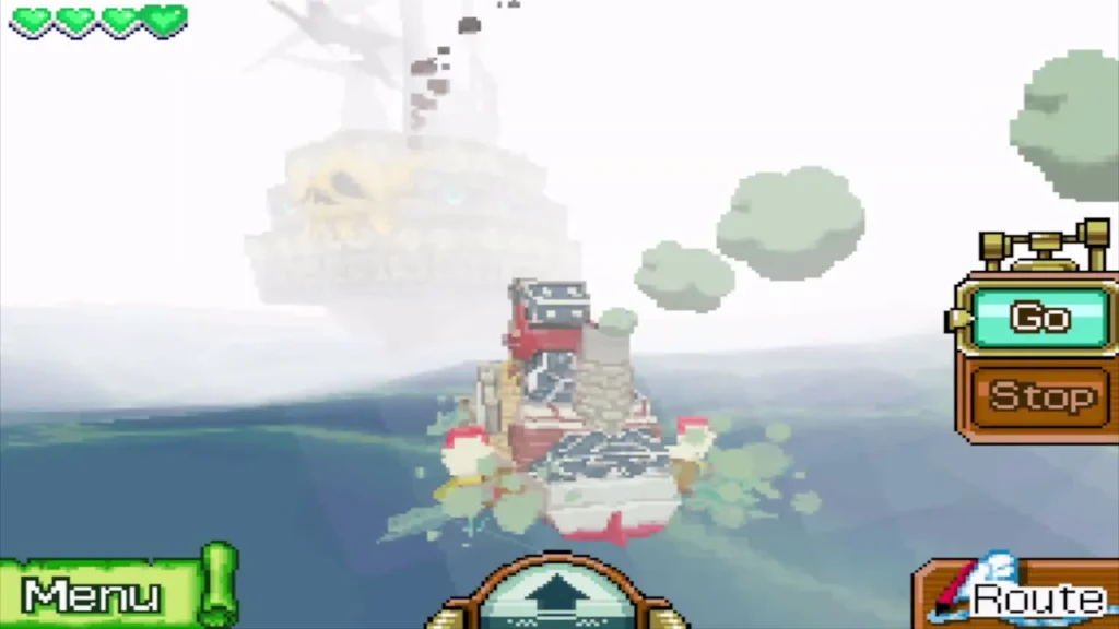 The ship in heavy fog with a ghostly vessel looming behind