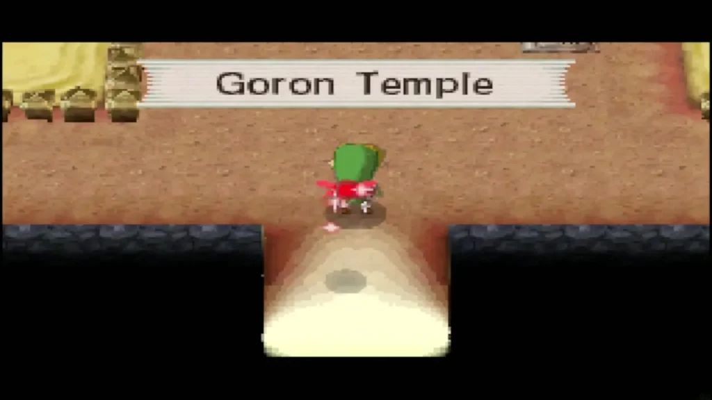 Link stepping into the Goron Temple under its name banner