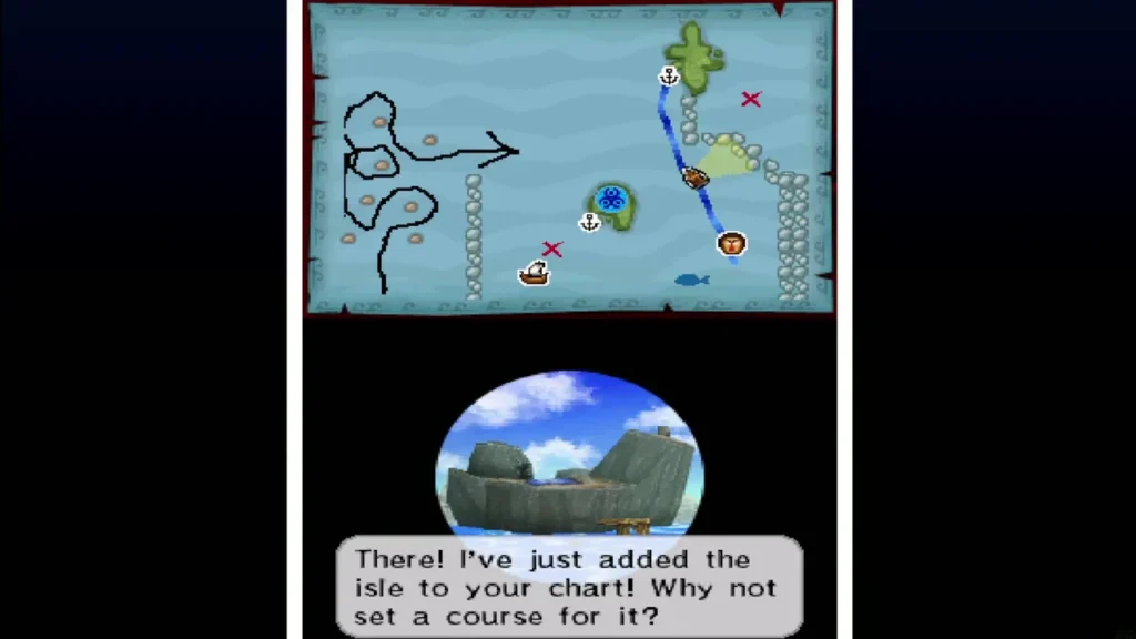 Linebeck adding the new island to the chart and offering to set a course