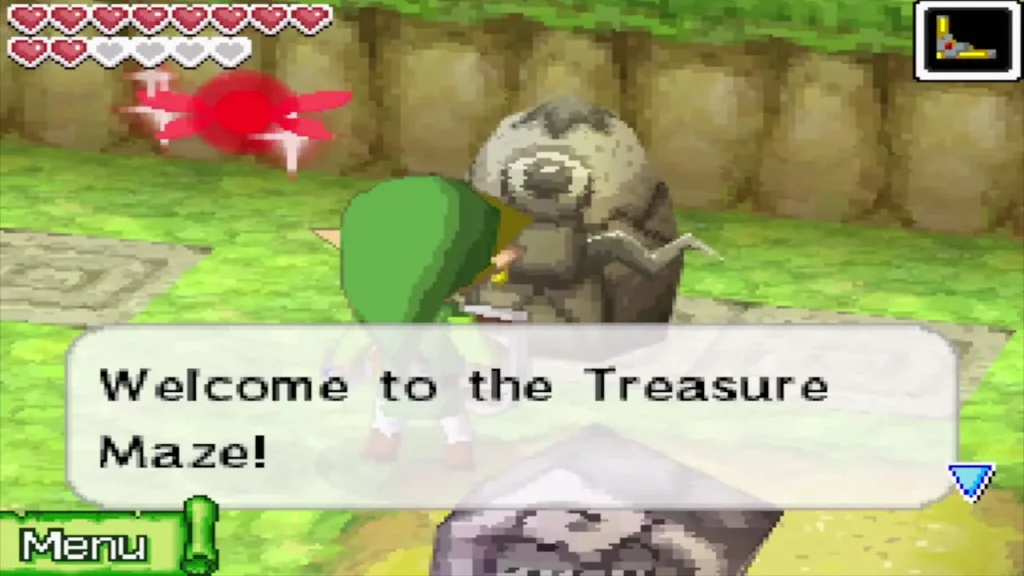 Link at the entrance to the Treasure Maze on Maze Island as a message welcomes him