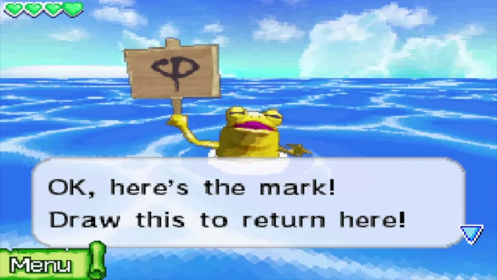 The golden frog near Molida Island holding up its mark on a wooden sign