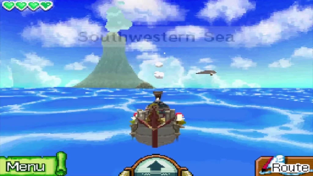 The ship sailing into the Southwestern Sea with a volcanic island ahead