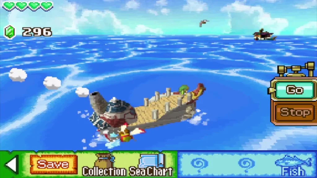 The ship cruising across open blue water with the chart buttons on the touch screen