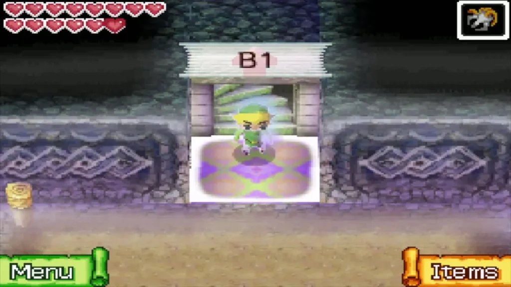 Link stepping onto the platform at the entry to floor B1 of the Temple of the Ocean King