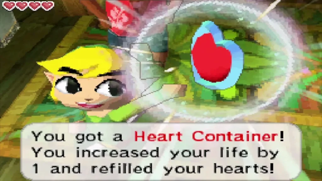 Link holding up a Heart Container with its full message box, a prize from a side activity