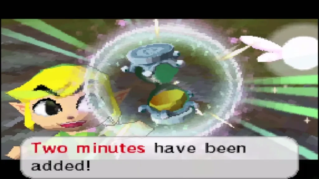 Link raises the hourglass in the Temple of Courage as two minutes are added Link raises the hourglass in the Temple of Courage as two minutes are added