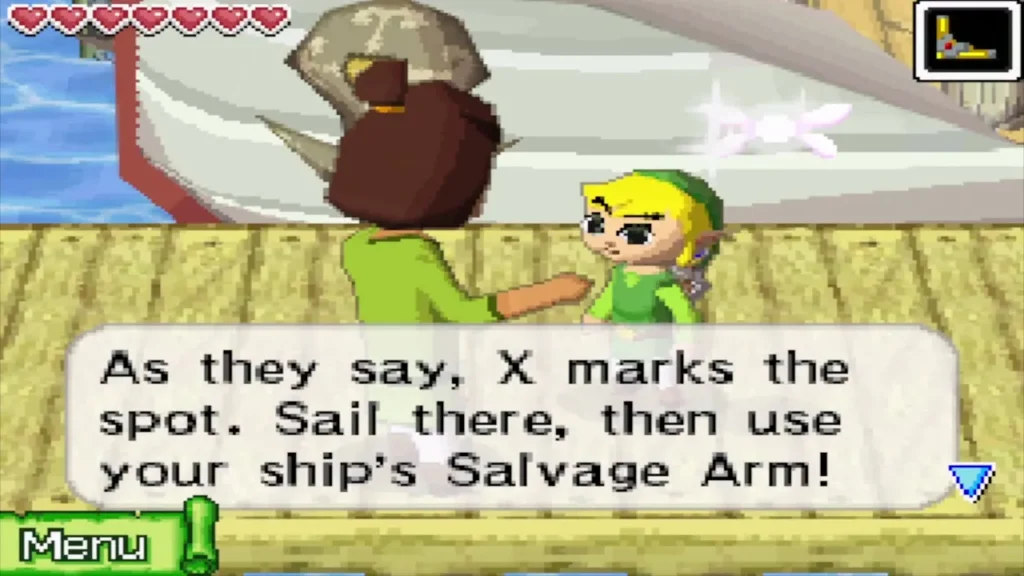 The dockside man telling Link to sail to the X and use the Salvage Arm The dockside man telling Link to sail to the X and use the Salvage Arm