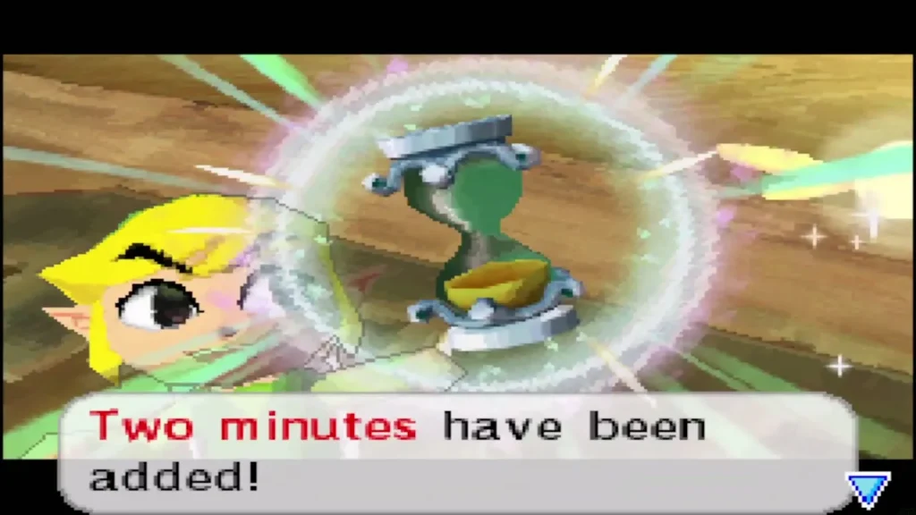 Link raises the hourglass in the Goron Temple as two minutes are added Link raises the hourglass in the Goron Temple as two minutes are added